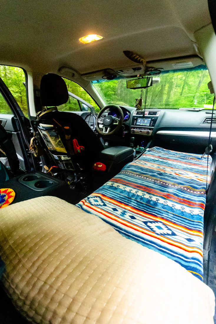 View from inside the car toward the front seats